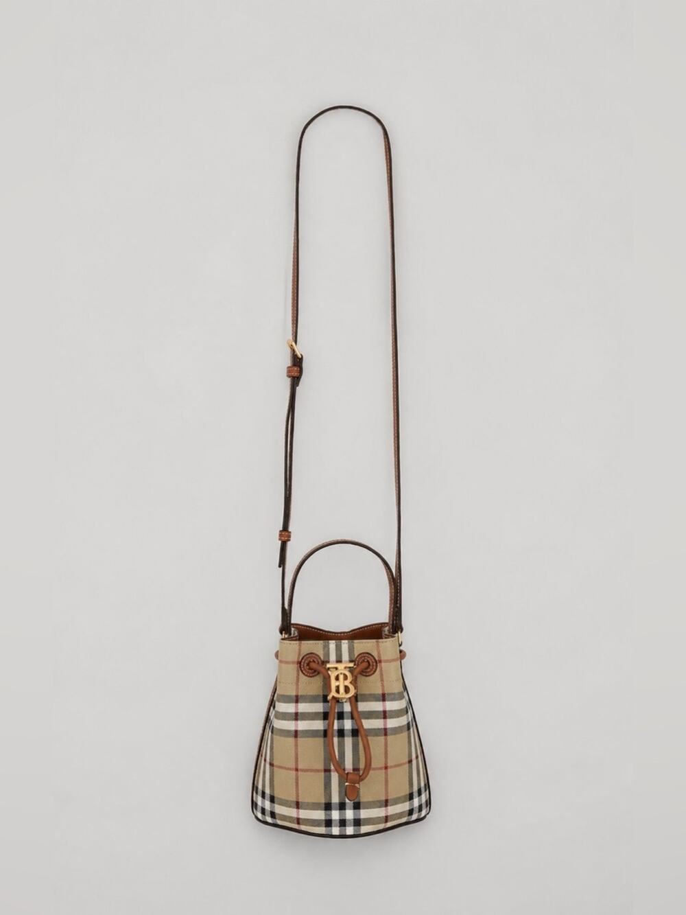 Burberry Beige Vintage Check Leather-Trim Drawstring Crossbody Bag